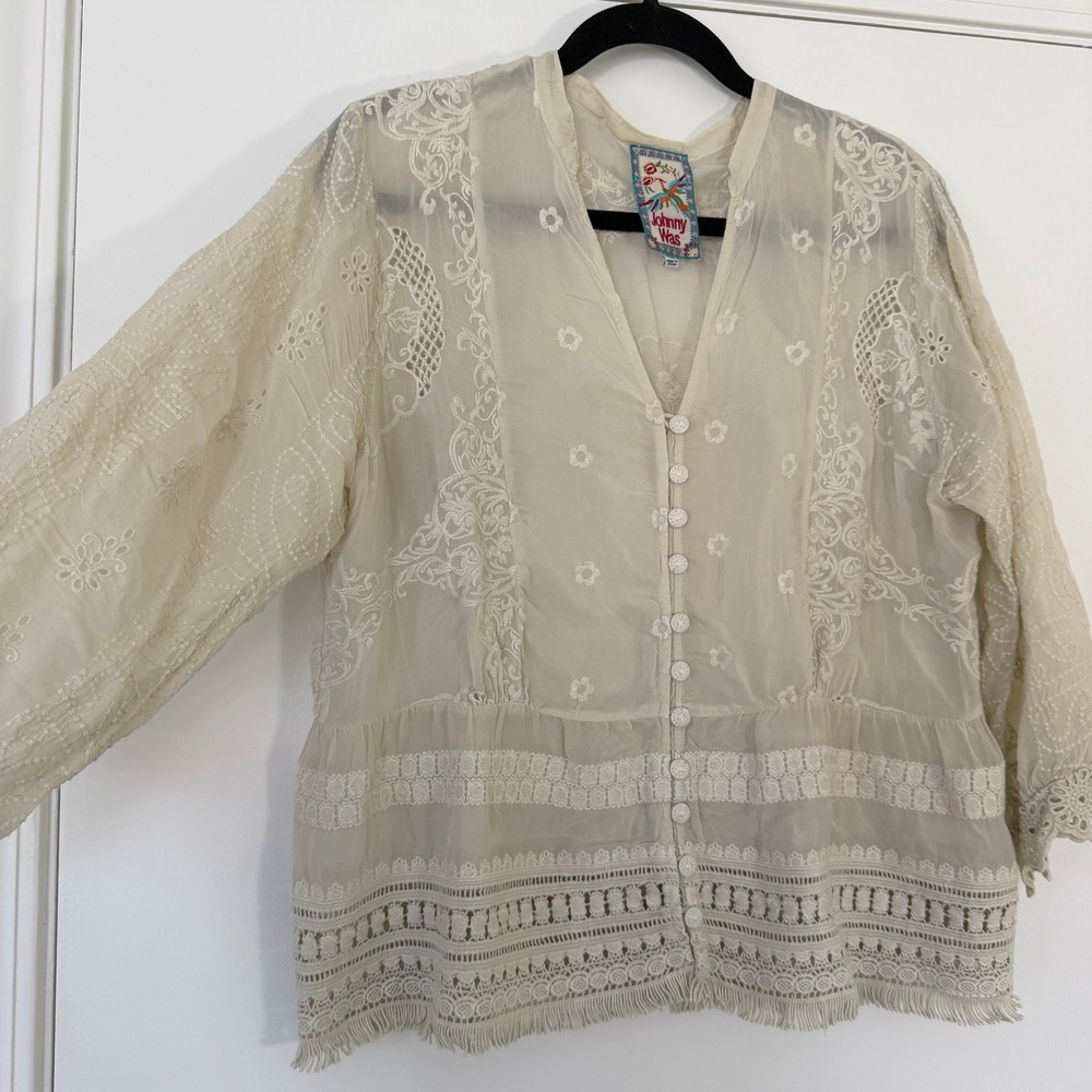 Johnny Was $275 Polyvore Juniper Blouse Ivory Embroidered Boho Blouse Medium - Picture 4 of 9